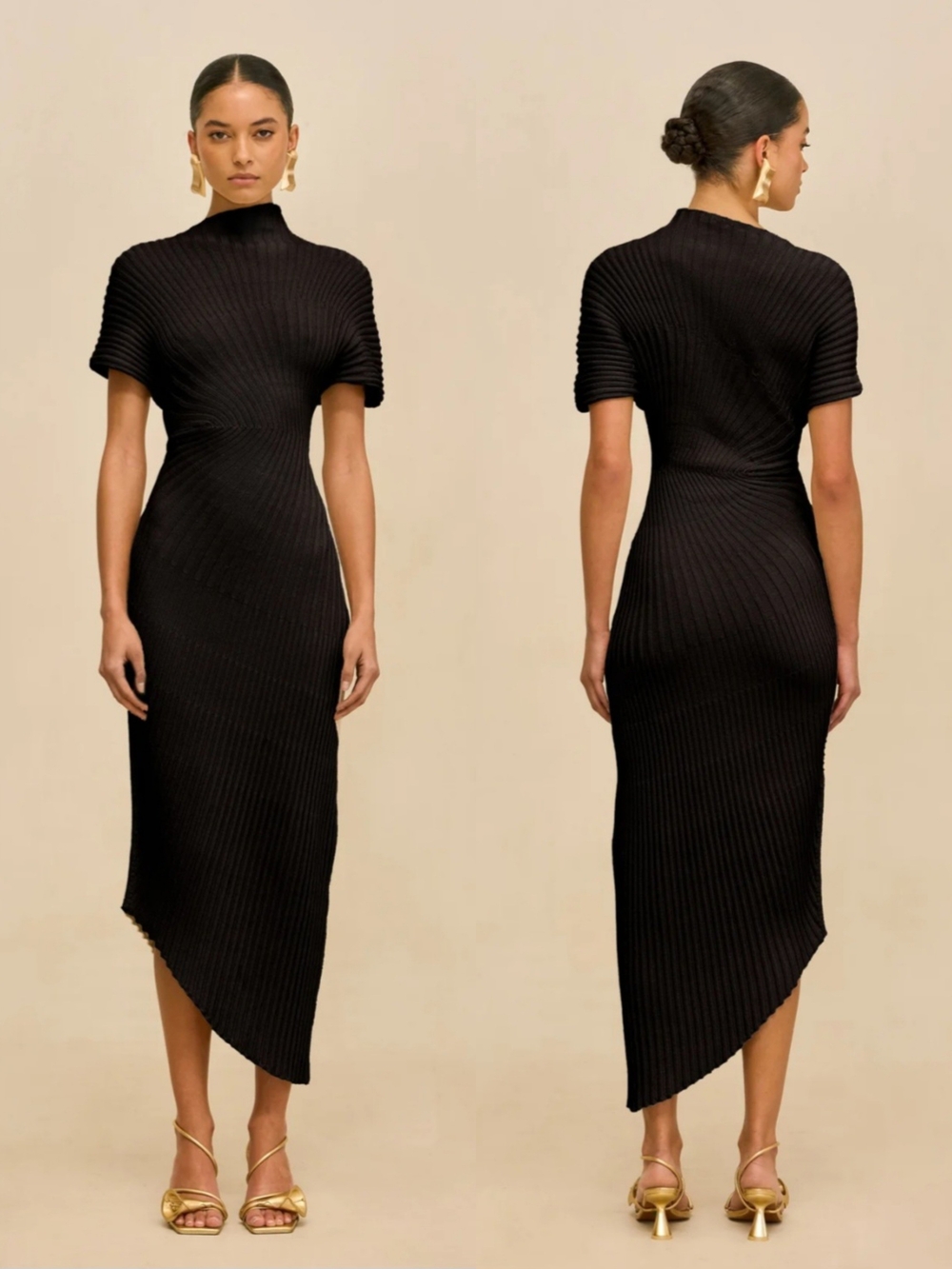 Cult Gaia CHRYSTA Knit Dress Black Size Large Midi Asymmetric